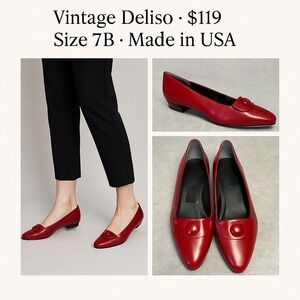 Vintage Deliso Red Leather Loafer Heels Women 7B USA Made Retro Mod Shoes 60s